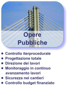 Opere Pubbliche •	Controllo iterprocedurale •	Progettazione totale •	Direzione dei lavori •	Monitoraggio in continuo avanzamento lavori •	Sicurezza nei cantieri  •	Controllo budget finanziato