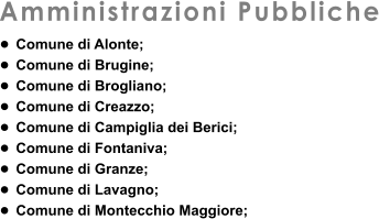 Amministrazioni Pubbliche •	Comune di Alonte; •	Comune di Brugine; •	Comune di Brogliano; •	Comune di Creazzo; •	Comune di Campiglia dei Berici; •	Comune di Fontaniva; •	Comune di Granze; •	Comune di Lavagno; •	Comune di Montecchio Maggiore;